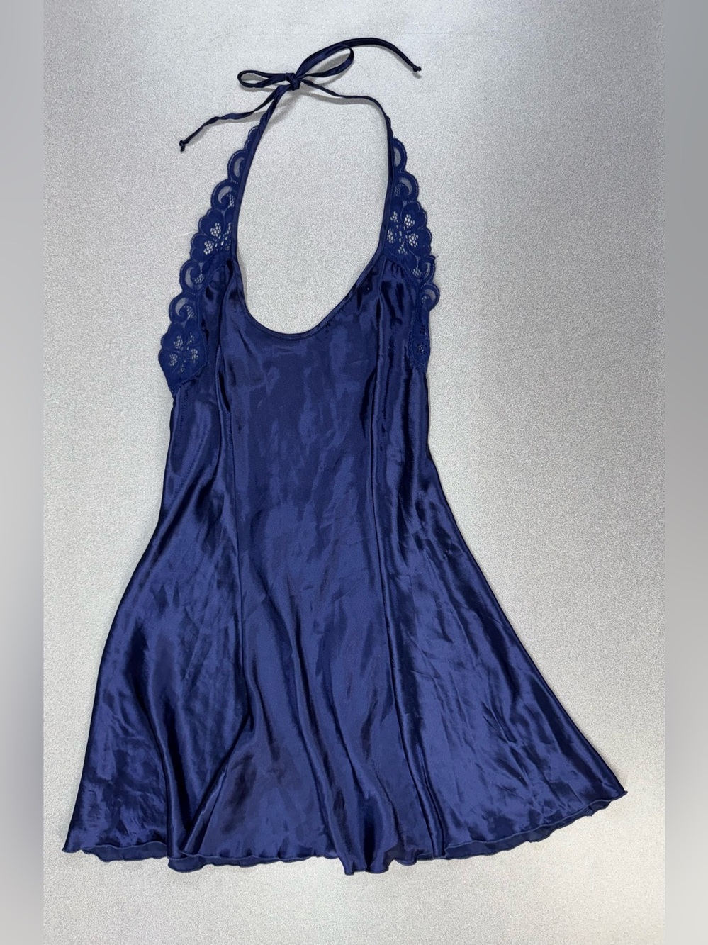 Vintage Pink Lady Satin Navy Low Back Halter Tie Dress Slip Lace Trim